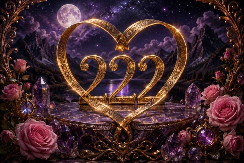 Golden angel number 222 inside a heart frame over a moonlit landscape with roses and crystals