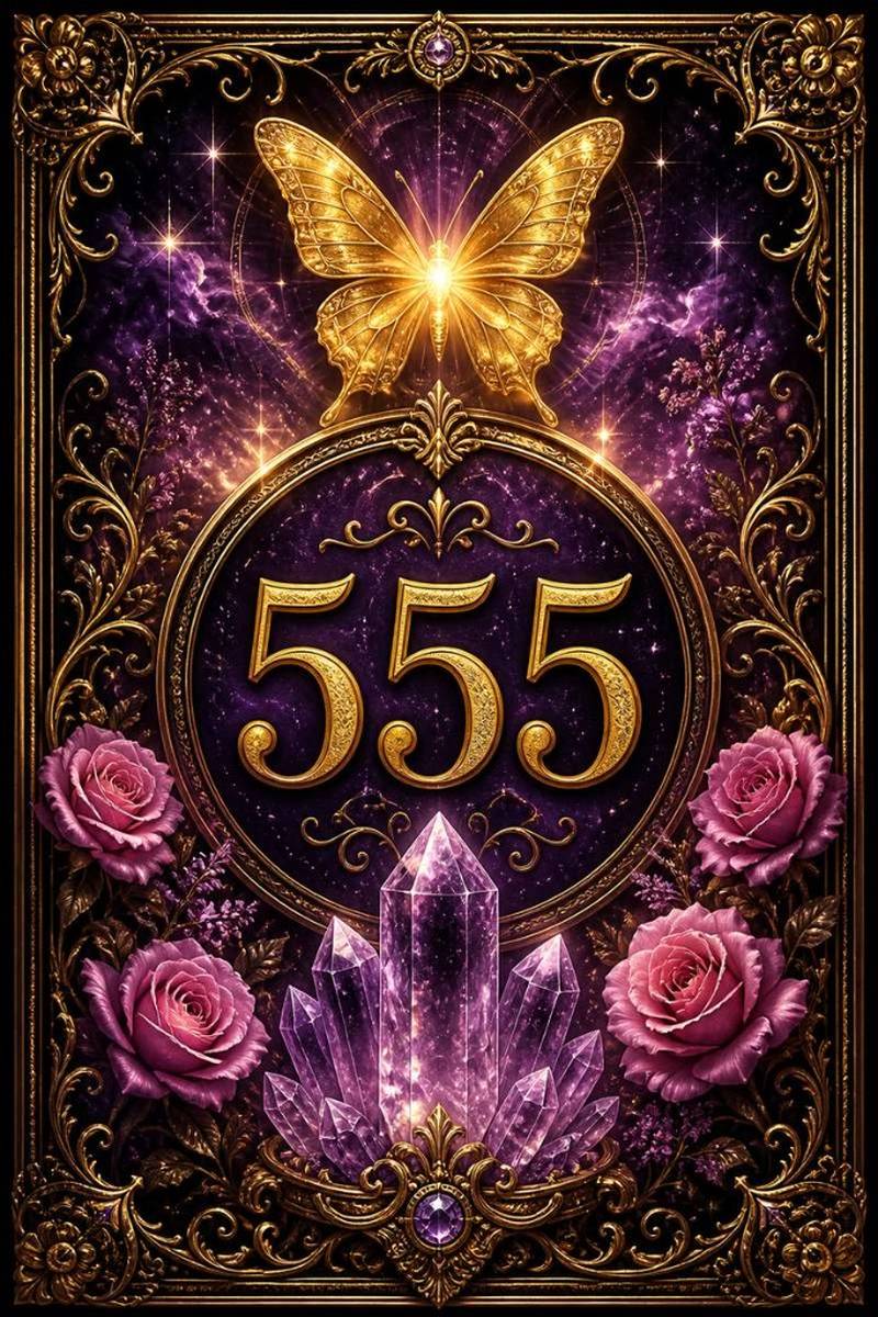 Golden angel number 555 in an ornate frame with a butterfly, roses, and amethyst crystals