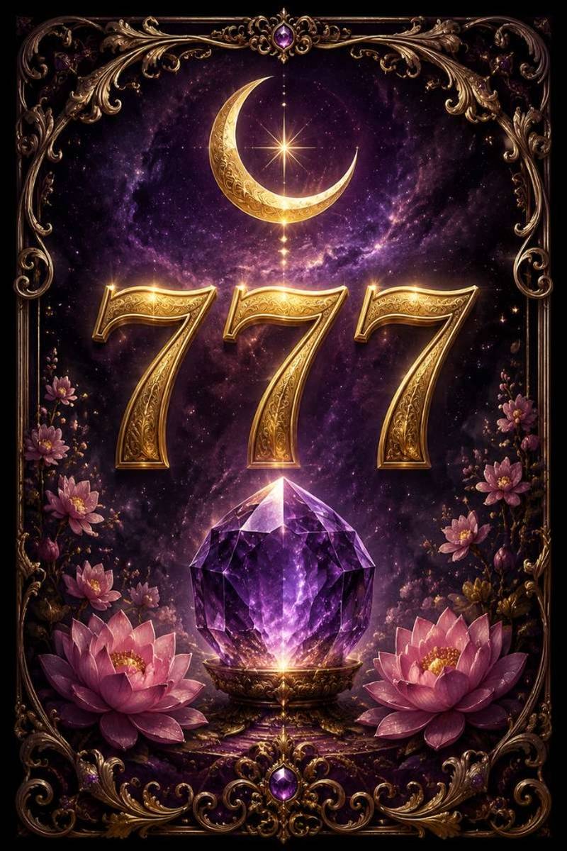 Golden angel number 777 with a crescent moon, purple crystal, and lotus flowers