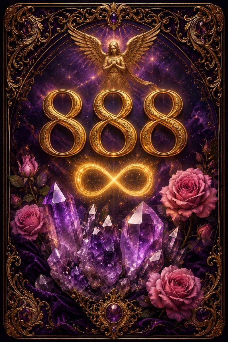 Golden angel number 888 with an infinity symbol, angel figure, roses, and amethyst crystals