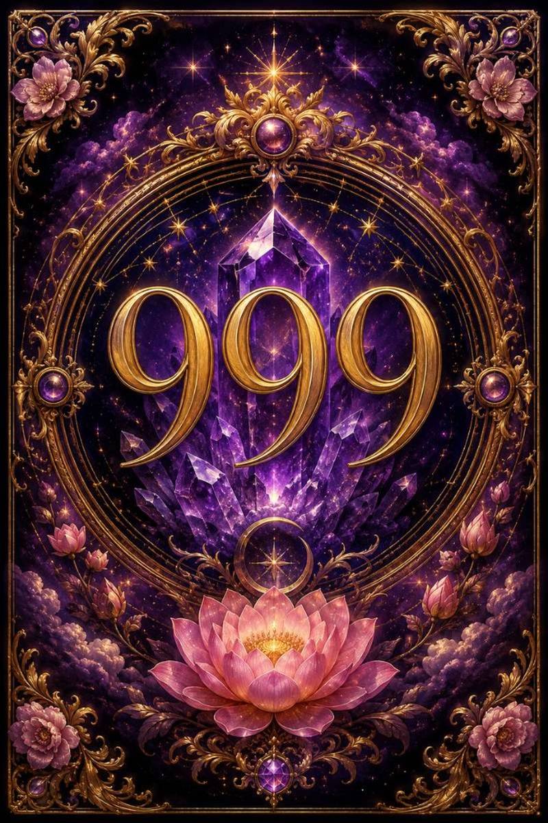 Golden angel number 999 in an ornate frame with amethyst crystals and a pink lotus