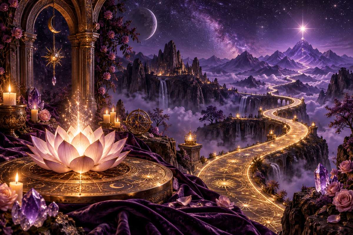 A winding gold path across a birth chart