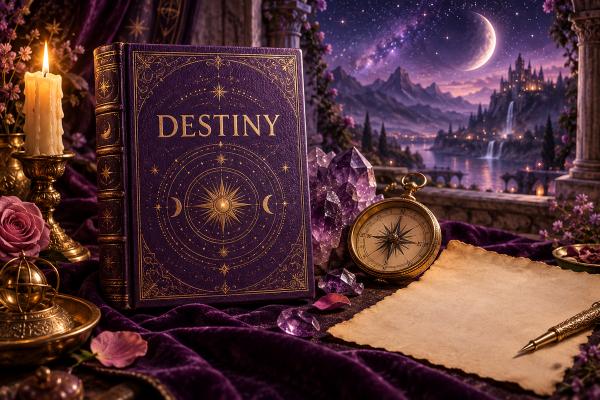 An open book with a compass rose under a stone arch