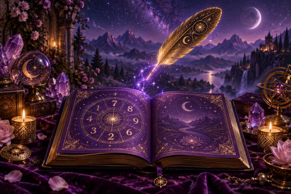 Candlelight and a star above an open book