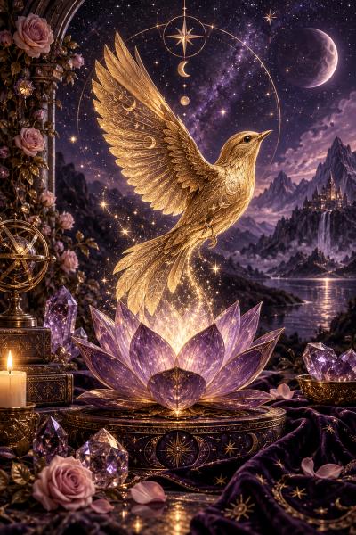A portrait of a quill, a letter, and a crystal
