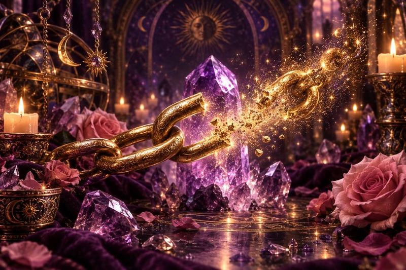 A gold chain breaking among purple crystals, pink roses, and candles