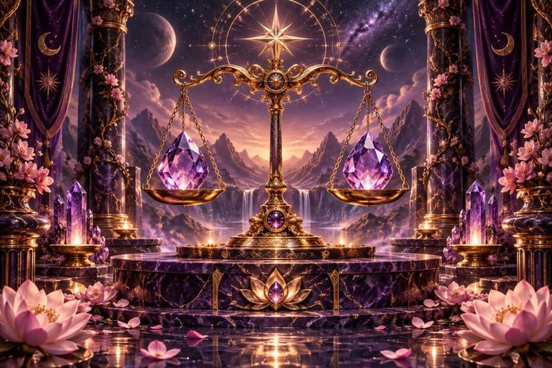 Balance scale with a purple crystal, lotus flowers, and candles