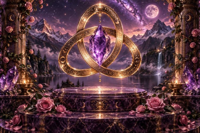A broken golden chain above amethyst crystals and lotus flowers