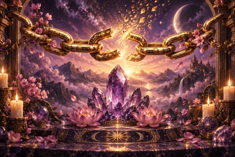 A violet cosmic hourglass surrounded by amethyst crystals and lotus flowers