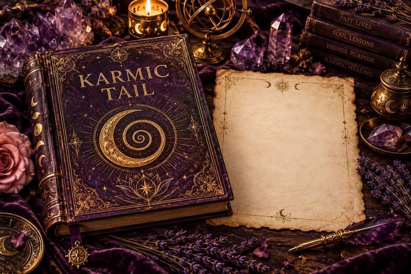 An ornate Karmic Tail journal beside a blank reflection page and amethyst crystals