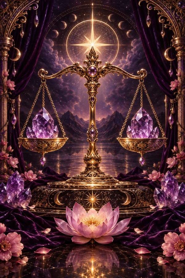Golden scales with amethyst crystals, lotus flowers, and lunar phases