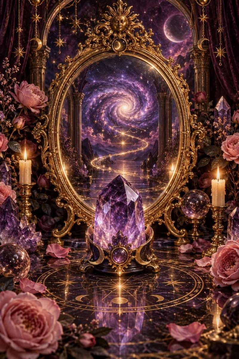 An ornate mirror reflecting a spiral path through a violet galaxy