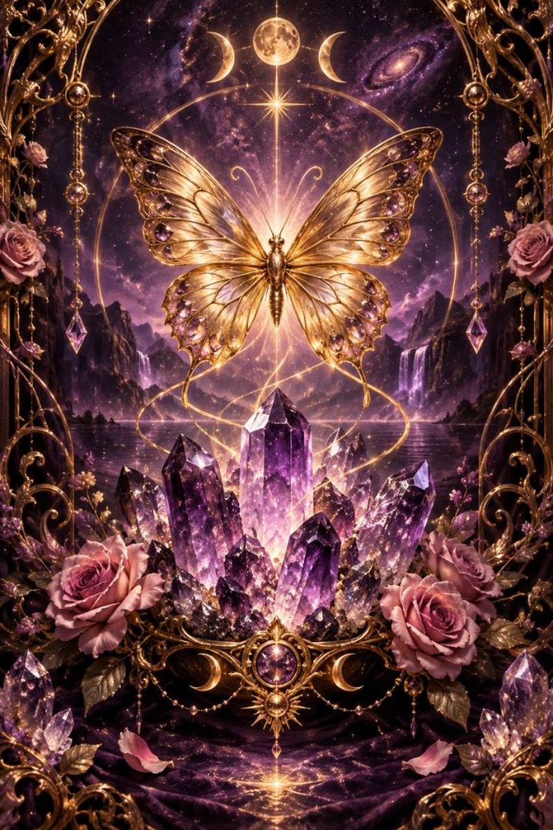 A golden butterfly above amethyst crystals in a moonlit landscape