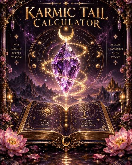 Karmic Tail Calculator cover with an amethyst crystal and open book