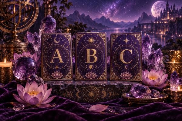 Gold letters drifting above an open celestial book