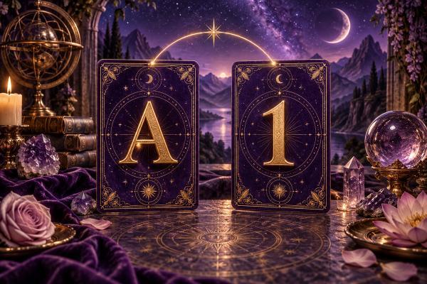 A letter A card joined by a gold arc to a numeral 1 card