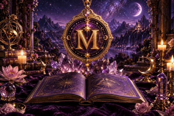 A moonlit book and floating letters above a mountain lake