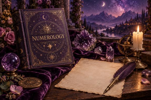 An open celestial book beside a crystal on a mountain ledge