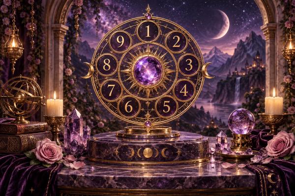 A gold wheel of moon phases above an open book