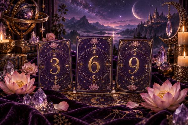 Numbered cards laid across an open celestial book