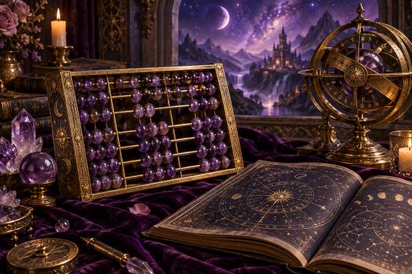Brass instruments and a candle beside a numerology book