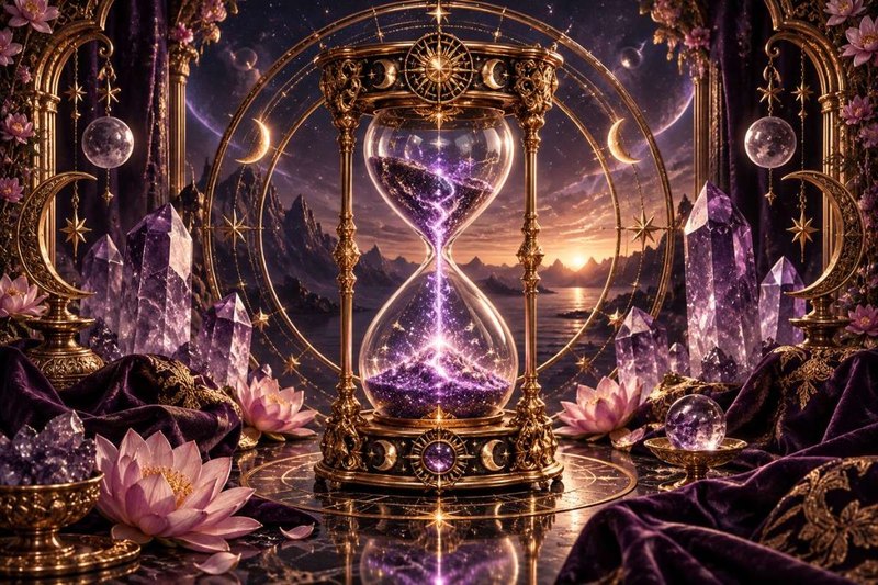 Three golden interlocking rings around an amethyst crystal in a mountain landscape