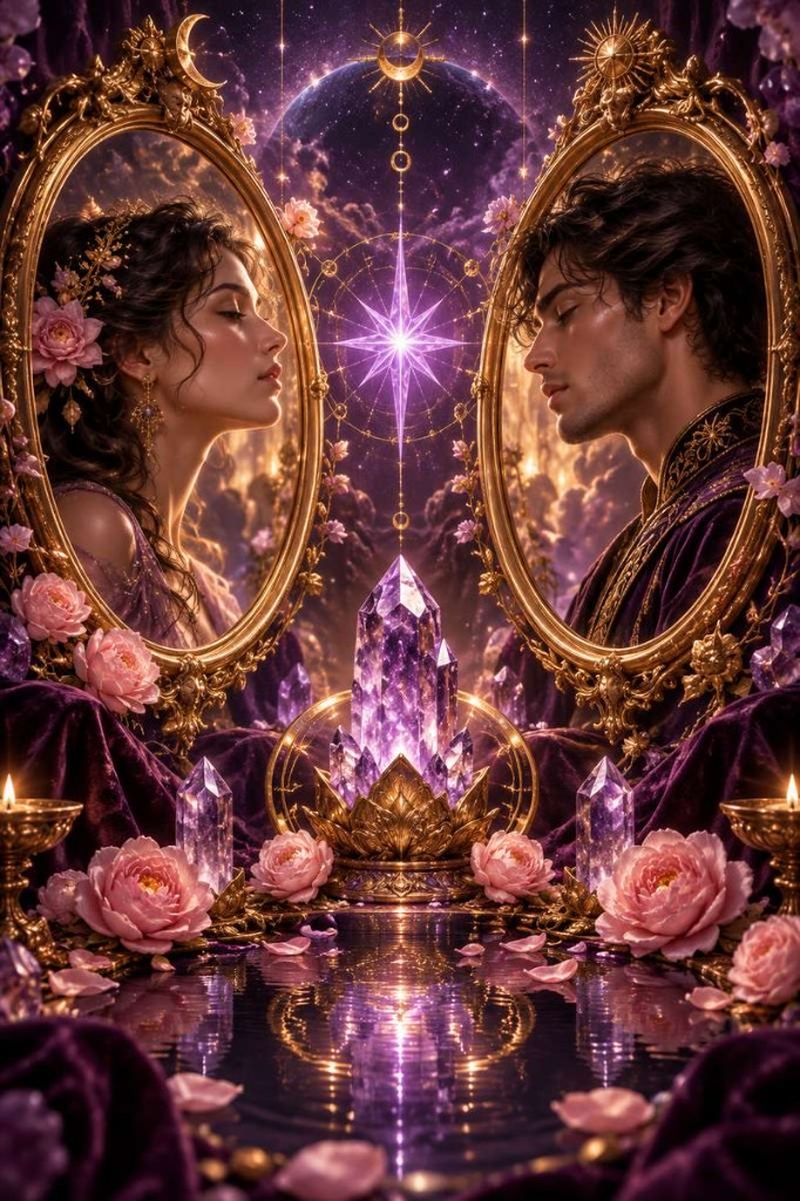 Two mirrored figures reflecting recognition in a soul contract reading