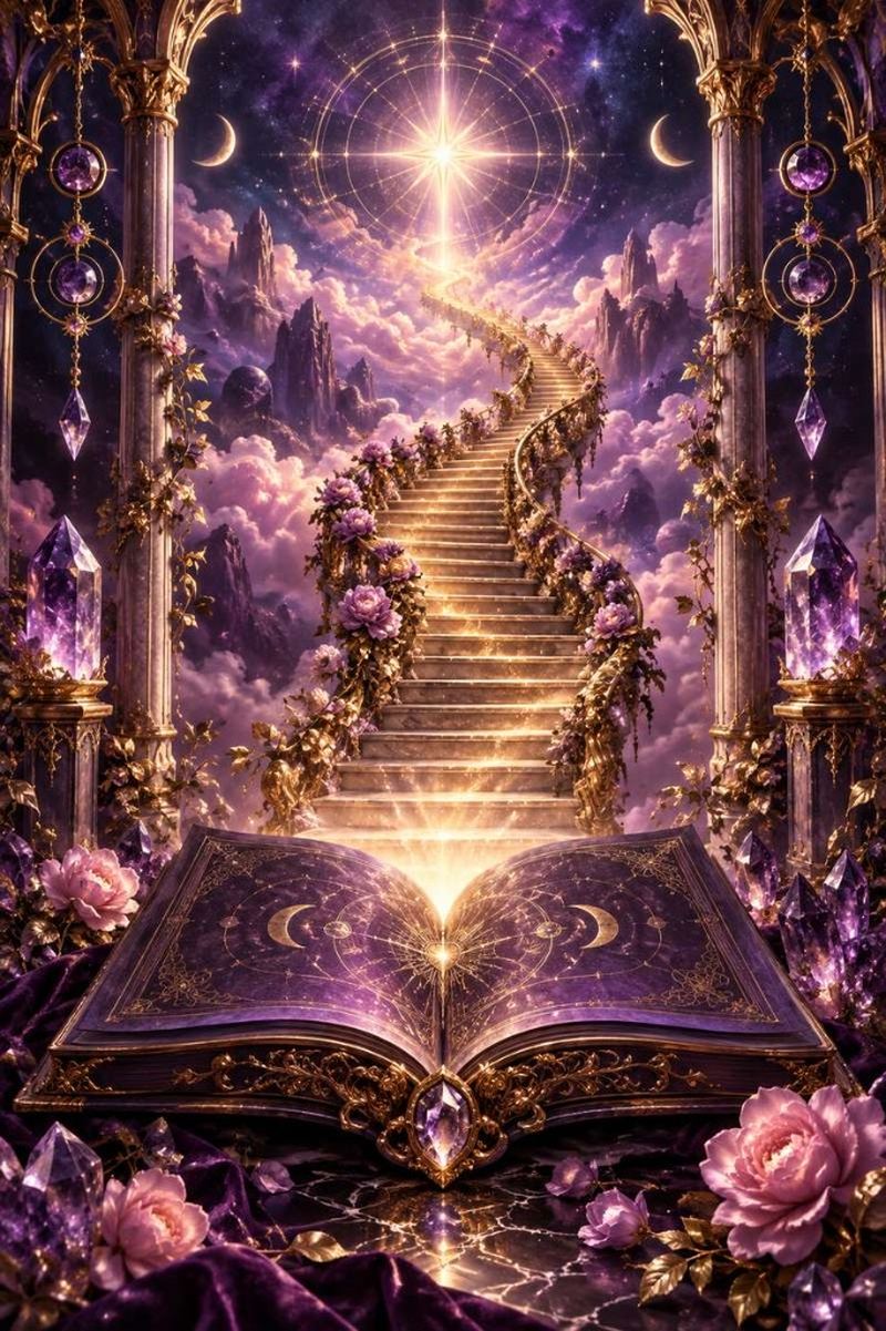 Mirrored golden trees and amethyst crystals representing karmic soul lessons