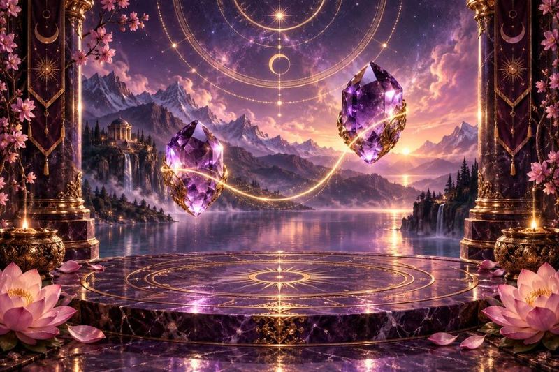 Two connected amethyst crystals representing soul contract relationships
