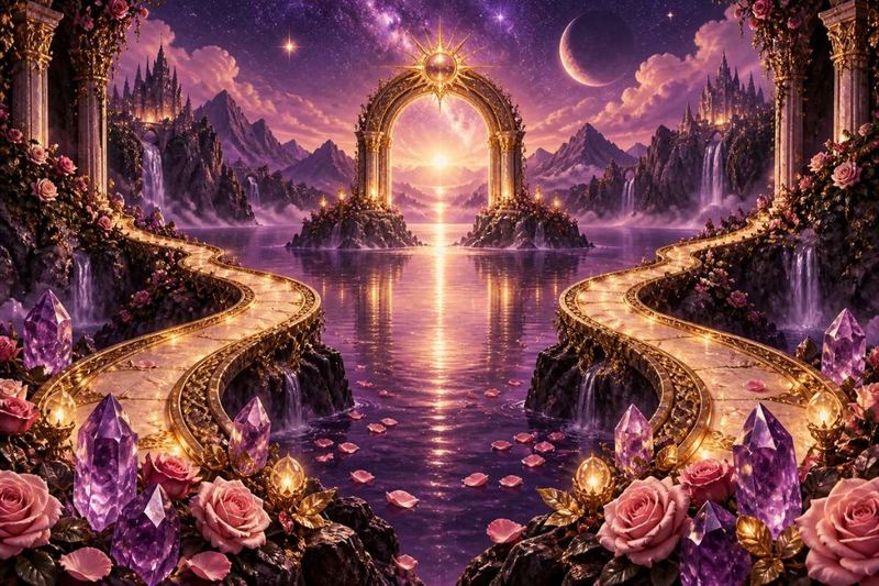 Two golden paths meeting at a luminous gateway, representing a shared soul mission