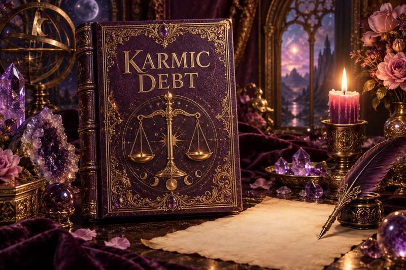 Ornate purple book titled Karmic Debt, with a gold balance scale, candle, and crystals