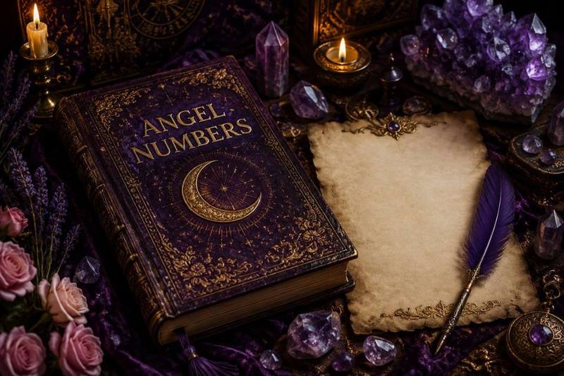 Open Angel Numbers journal with parchment, a purple quill, amethyst crystals, and roses