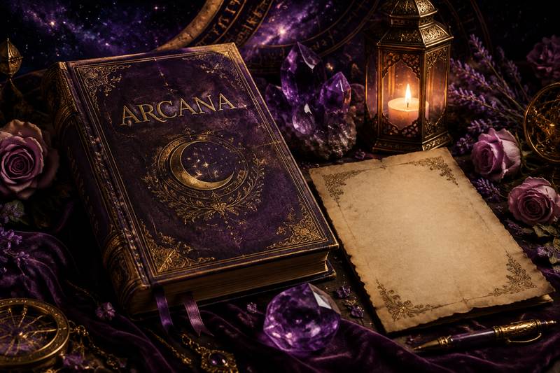 Ornate Arcana book with a gold crescent moon, amethyst crystals, and parchment for an arcana number reading