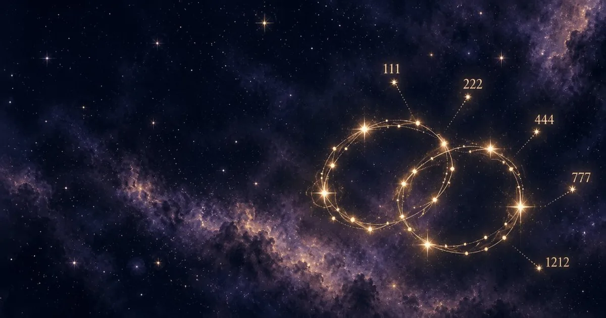 Two interlocking rings of golden stars in a violet night sky, labeled 111, 222, 444, 777, and 1212.