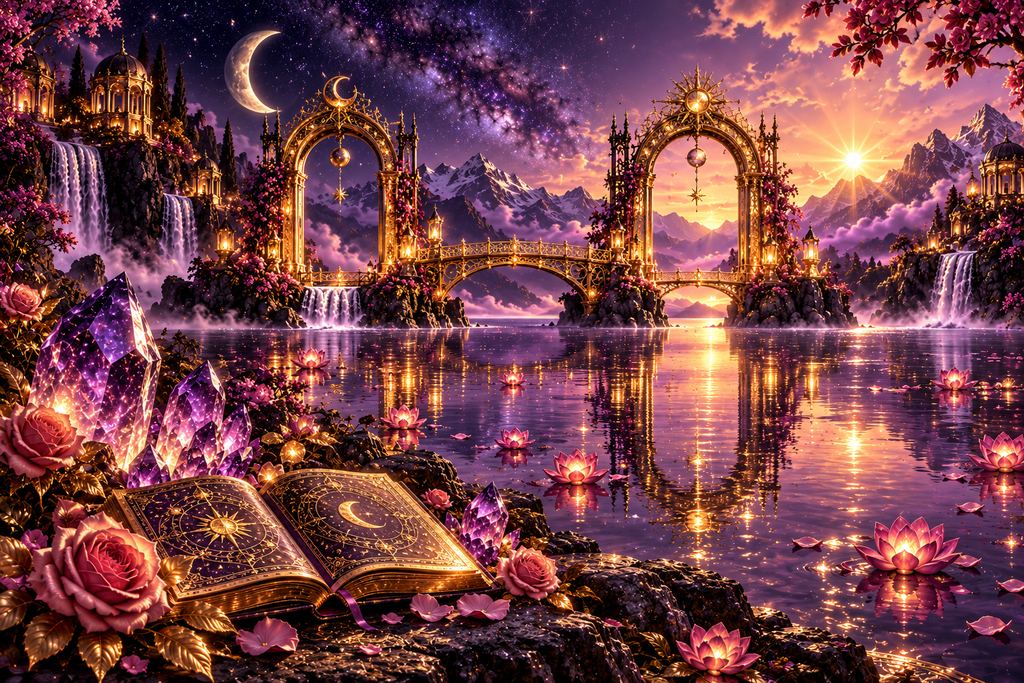 Deux arches reliées par un pont au-dessus d’un lac violet.