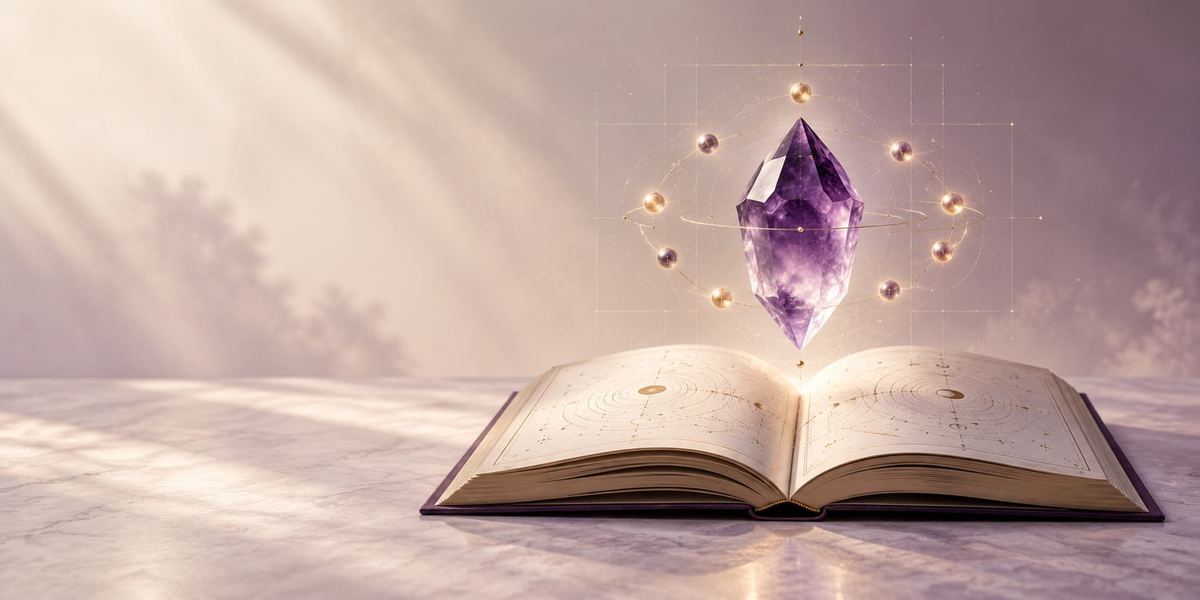 Livre ouvert de numérologie avec un cristal d’améthyste au-dessus des pages, pour le calcul du chemin de vie.