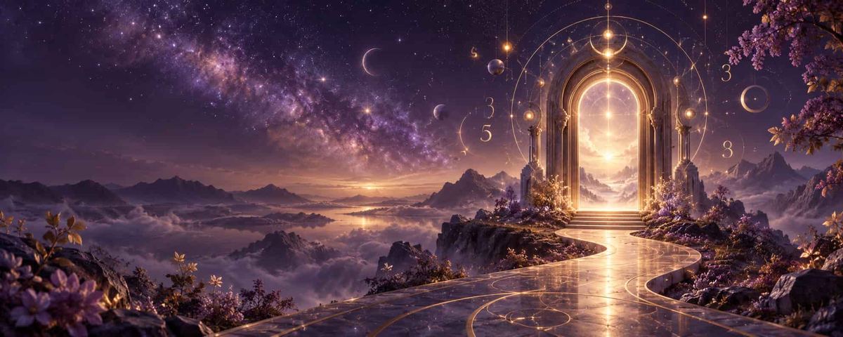 Sentier de pierre dorée menant à une arche lumineuse sous un ciel étoilé, illustration du calcul du chemin de vie.