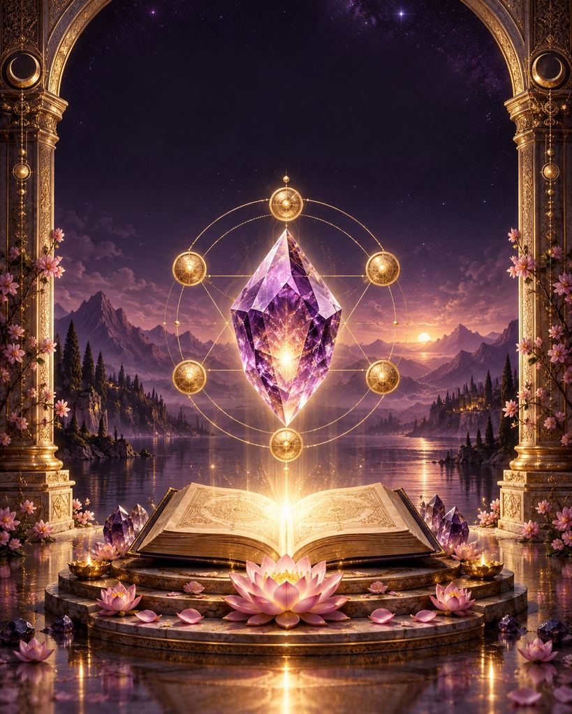 Cristal violet suspendu au-dessus d’un livre et d’une fleur sous une arche dorée.