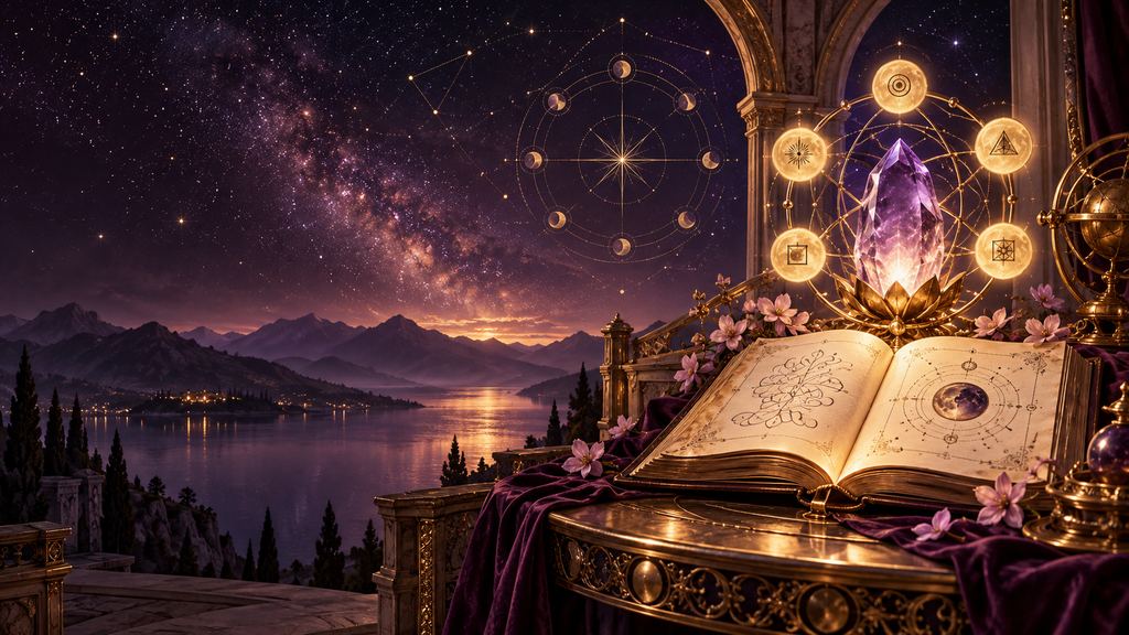 Livre ouvert et cristal violet dans un décor céleste doré face à un lac au crépuscule.
