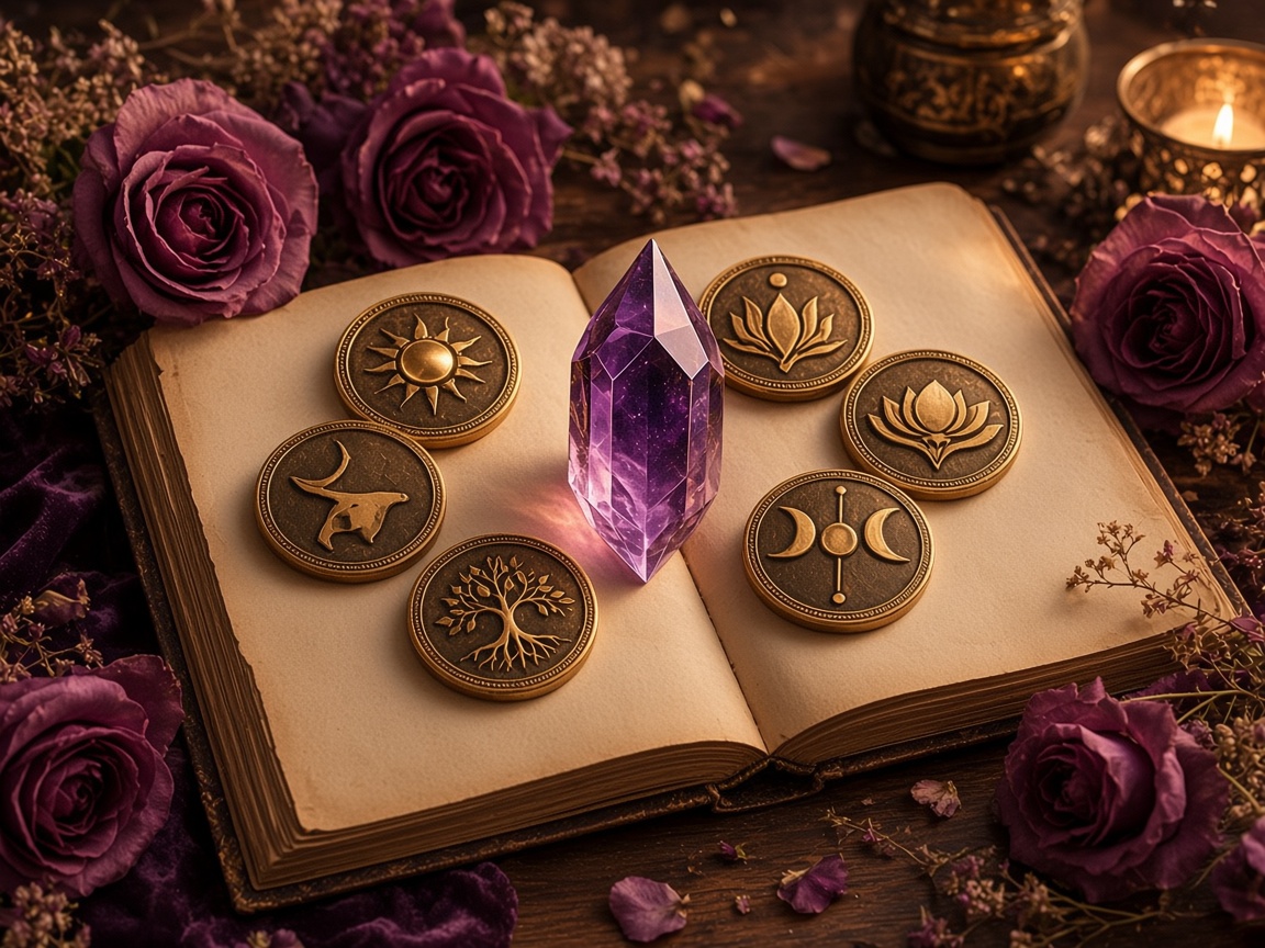 Médaillons dorés rassemblés autour d’un cristal violet sur un livre ouvert.