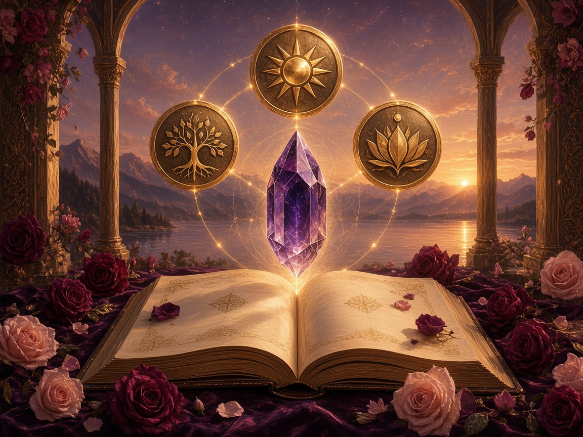 Trois médaillons dorés au-dessus d’un livre ouvert et d’un cristal violet.