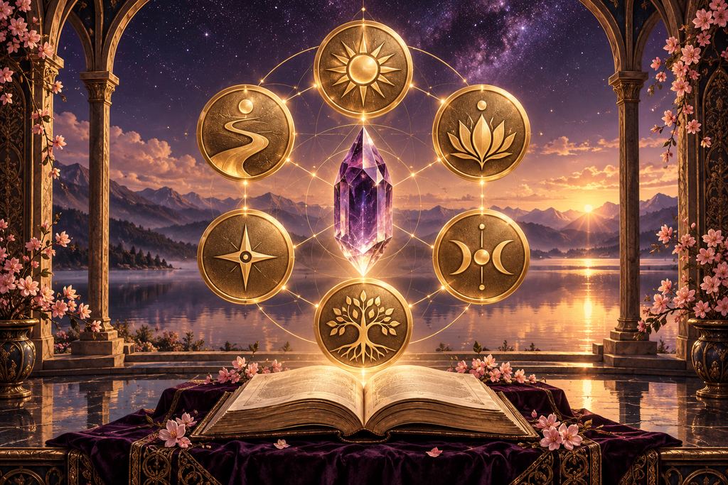 Six médaillons dorés autour d’un cristal violet au-dessus d’un livre ouvert.