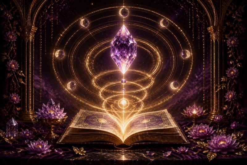 An open book beneath a suspended amethyst, with gold rings descending toward the pages