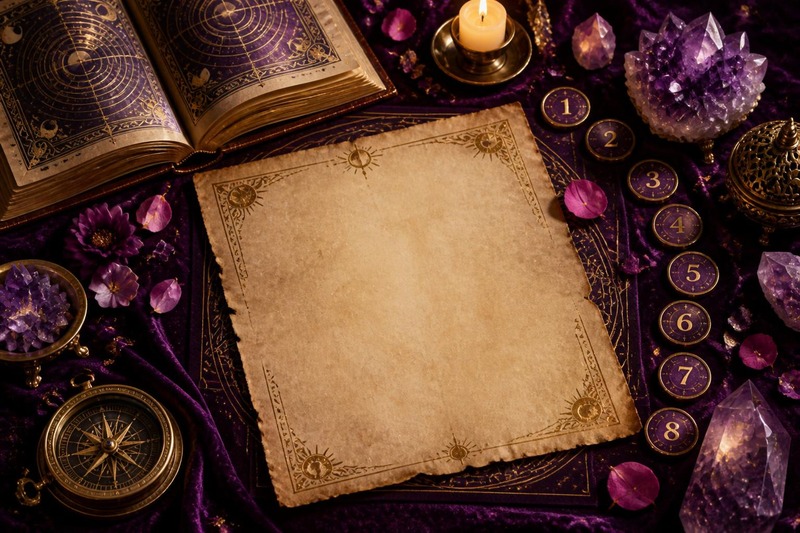 A blank parchment on purple velvet, with numbered tokens from 1 to 8 beside an open book
