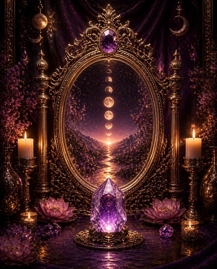 An oval mirror reflecting moon phases, with a crystal and candles in front of it