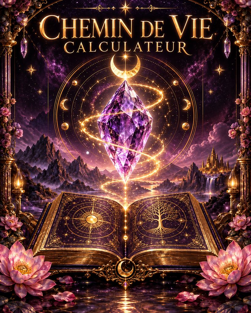 Couverture Chemin de Vie Calculateur avec un cristal violet au-dessus d’un livre céleste.