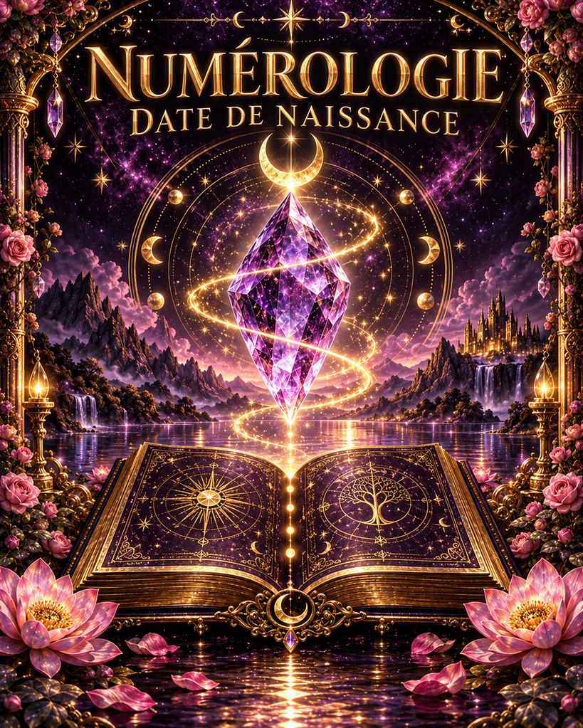 Couverture Numérologie, date de naissance, avec améthyste et livre céleste.
