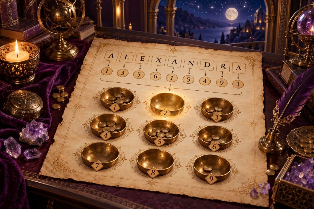 Parchment converting the letters of Alexandra into Pythagorean values above nine numbered bowls.