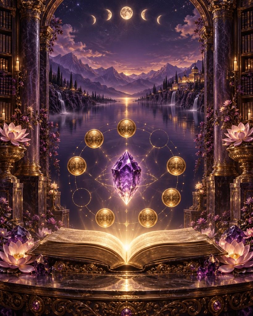 Open book and amethyst beneath a ring of gold medallions.