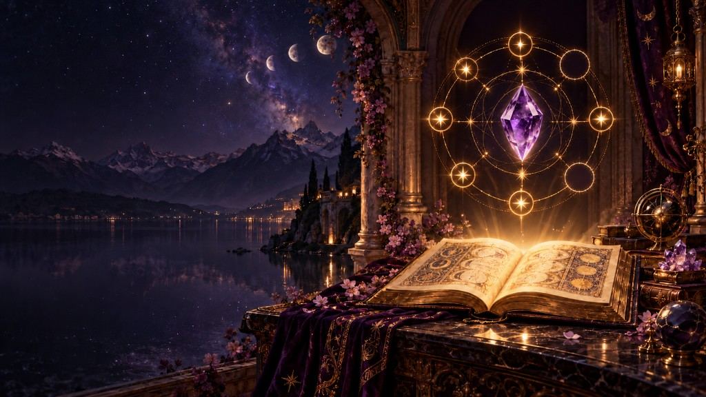 Open numerology book beneath a nine-point gold number chart in a starlit purple scene.